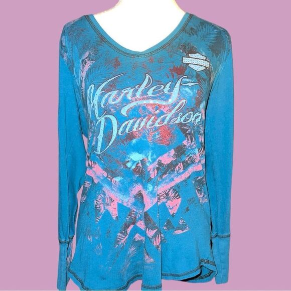 Harley Davidson dark teal green long sleeve top with logo on front - Picture 2 of 10